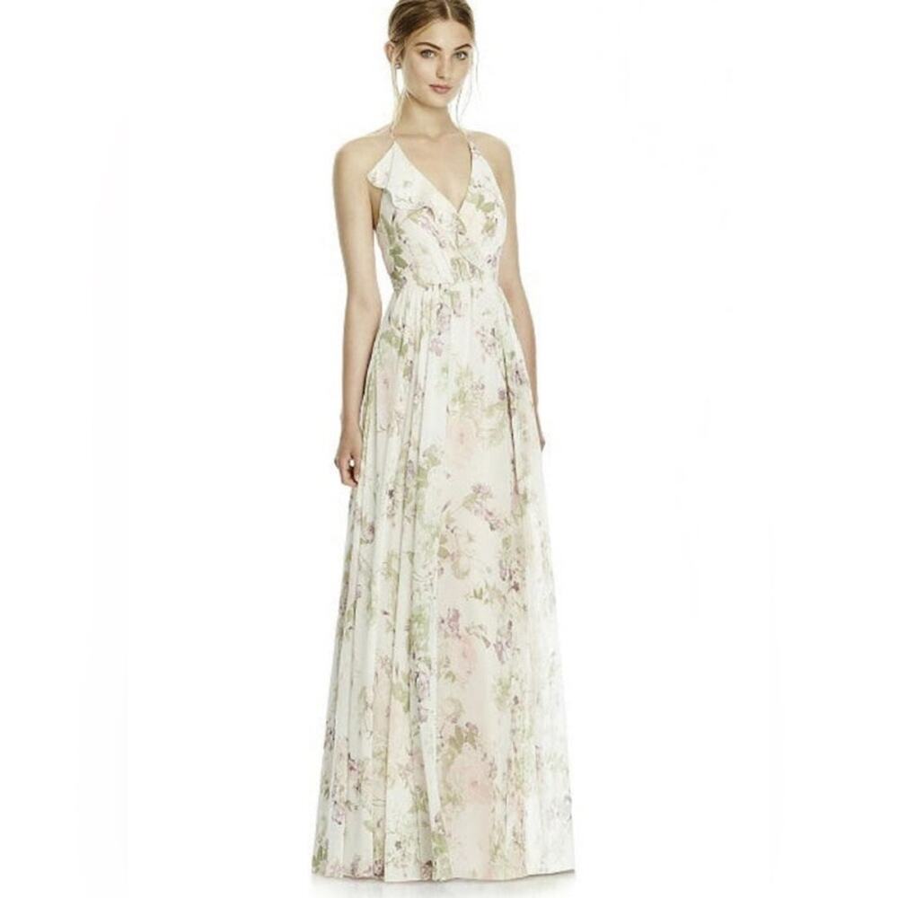 Jenny Yoo Floral Halter Maxi Dress in Cream and Pastel Green